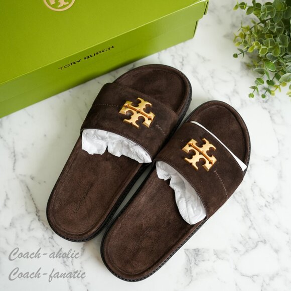 NIB Tory Burch Everly Anatomic Lug suede Slide Sandal in Dark Cocoa /Coconut - Picture 1 of 8